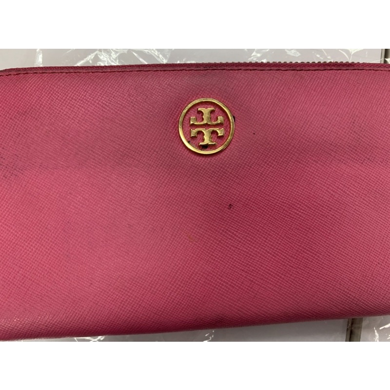 《二手100%正品》女用長夾 長銀包TORY BURCH 桃紅色 素面防刮牛皮 長夾 內有12卡夾 邊有磨損 -台北現貨