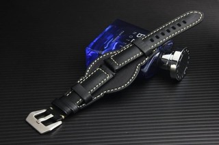 20mm皮底皮面Banda出品 bund watch strap hamilton飛行軍錶風格黑色平面錶帶,白線