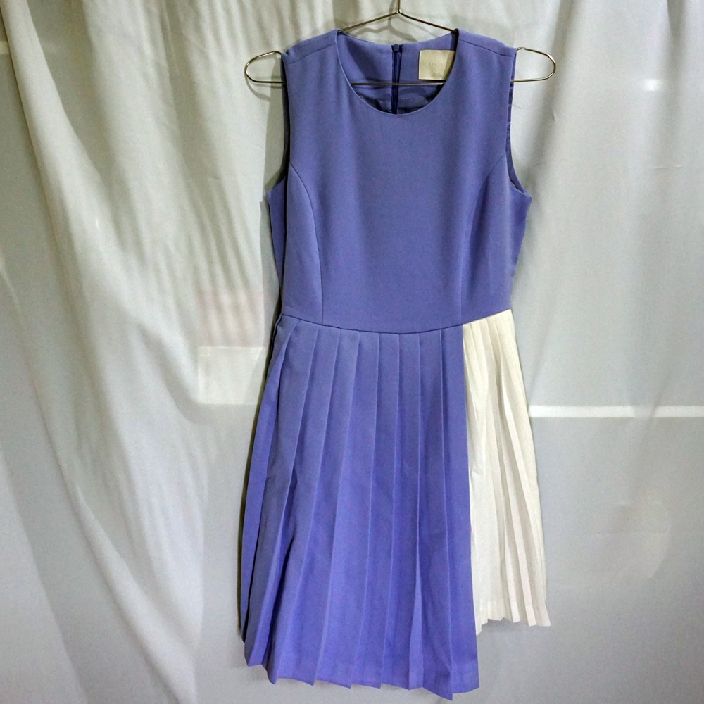 [二手出清]REFILL籃紫褶裙雙色無袖及膝背部拉鍊洋裝/藍紫、白