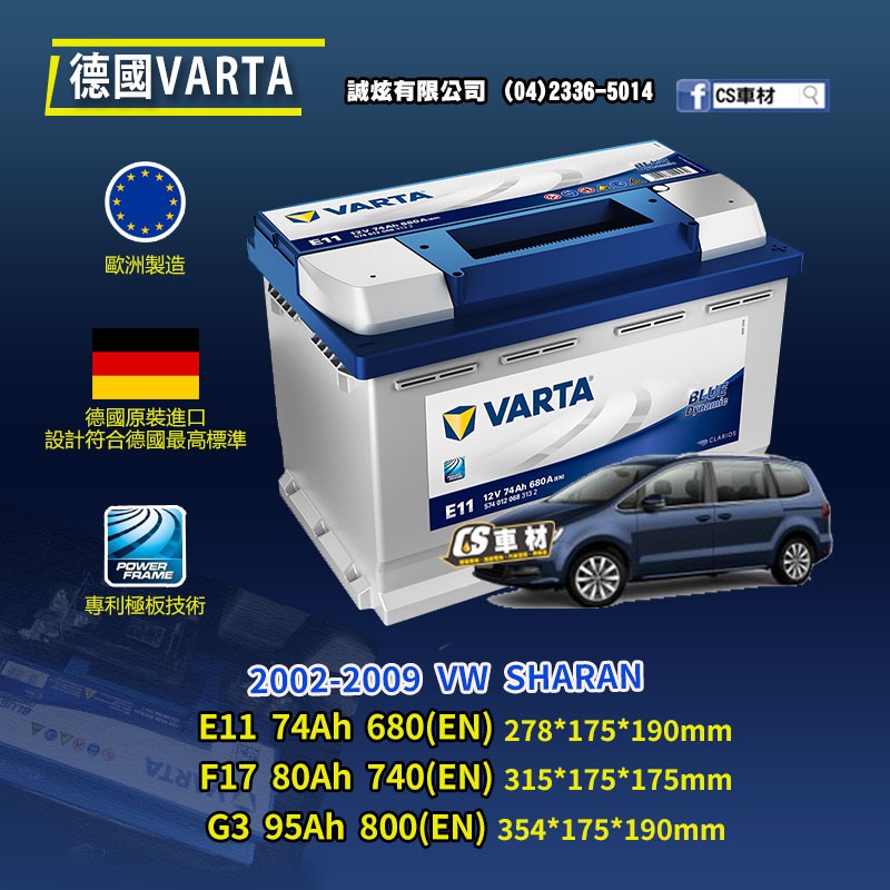 CS車材-VARTA 華達電池 VW SHARAN 02-09年 E11 F17 G3...代客安裝 非韓製