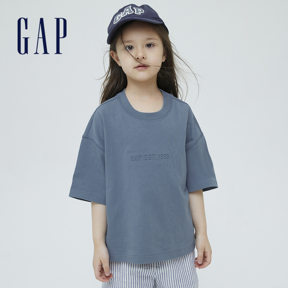 Gap 女童裝 Logo純棉質感短袖T恤 厚磅密織系列-灰藍色(770922)