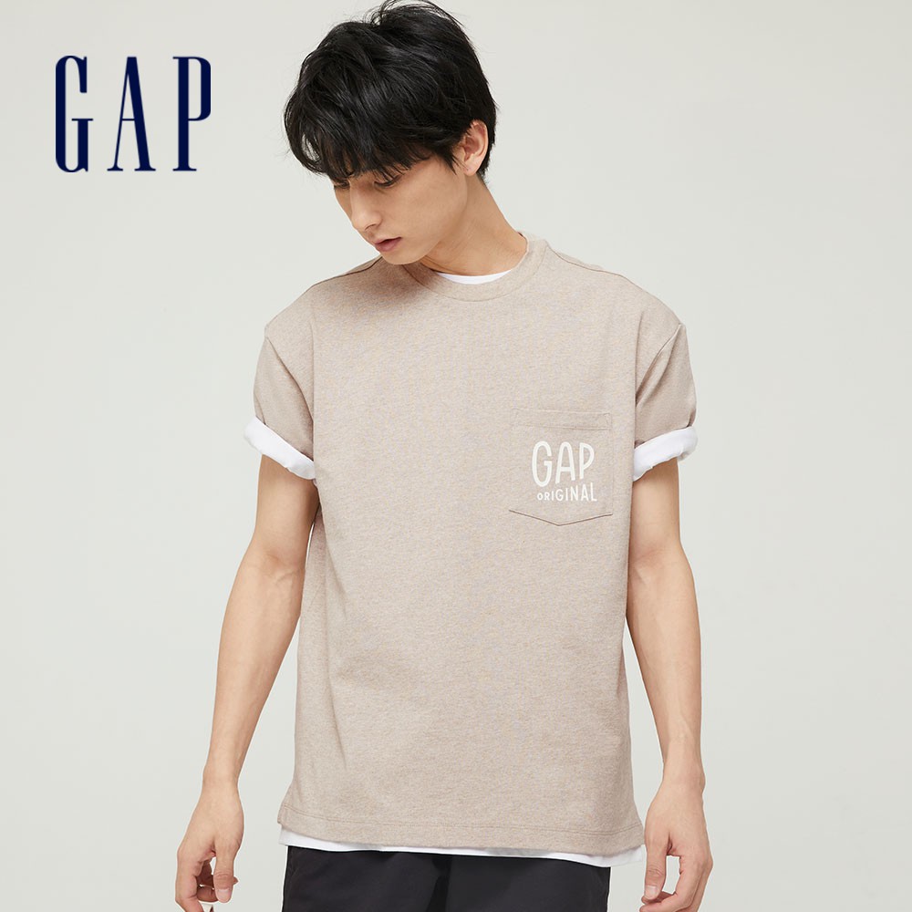Gap 男女同款 Logo純棉圓領短袖T恤 厚磅密織系列-灰白色(705488)