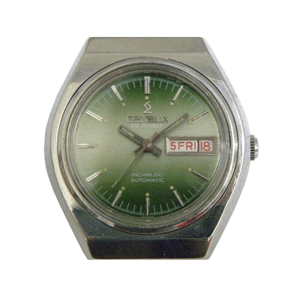 [專業模型] 機械錶 [GENBUX 6621] 金白士 自動錶 [25石]古董錶[綠色面+星+日期]軍/時尚錶