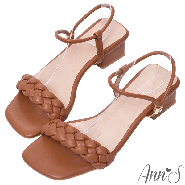 Ann’S立體編織一字帶方頭粗跟涼鞋3.5cm-棕