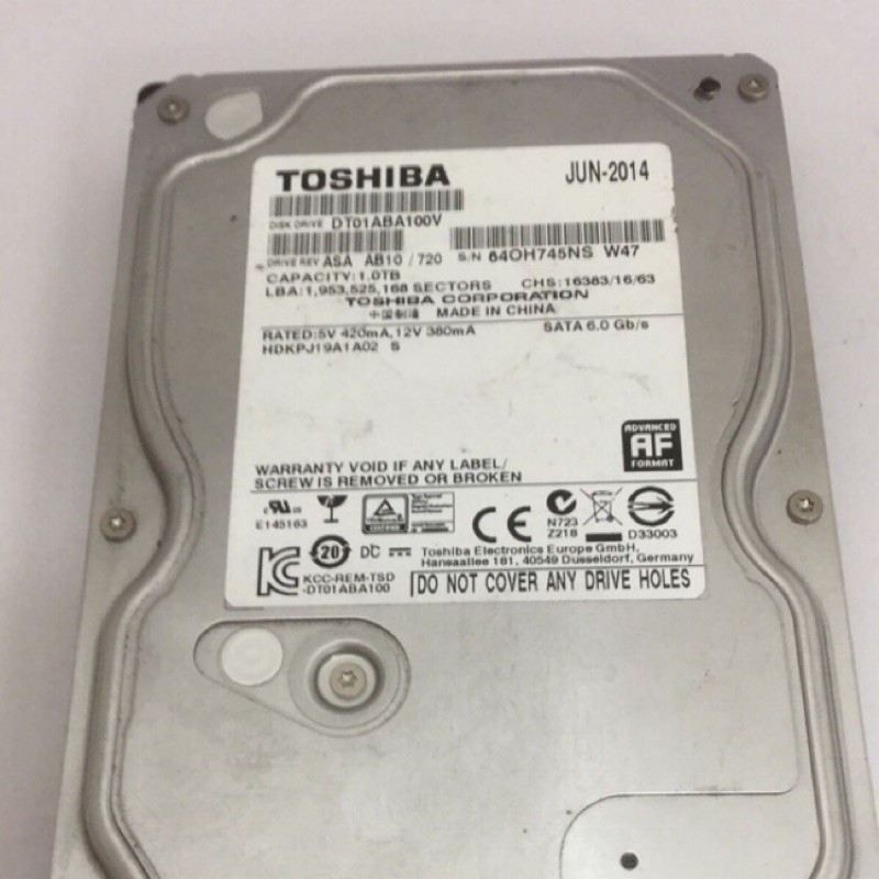 二手良碟Toshiba AV影音監控 1TB 3.5吋 硬碟(DT01ABA100V)