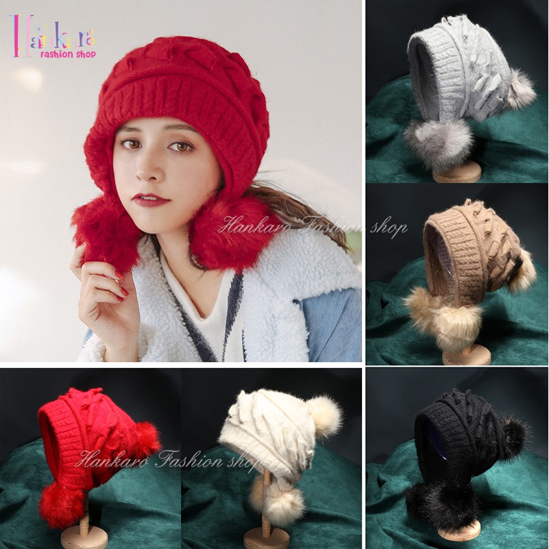 ☆[Hankaro]☆ 冬季保暖系列時尚加厚款兔毛混織可愛毛球雷峰帽毛帽