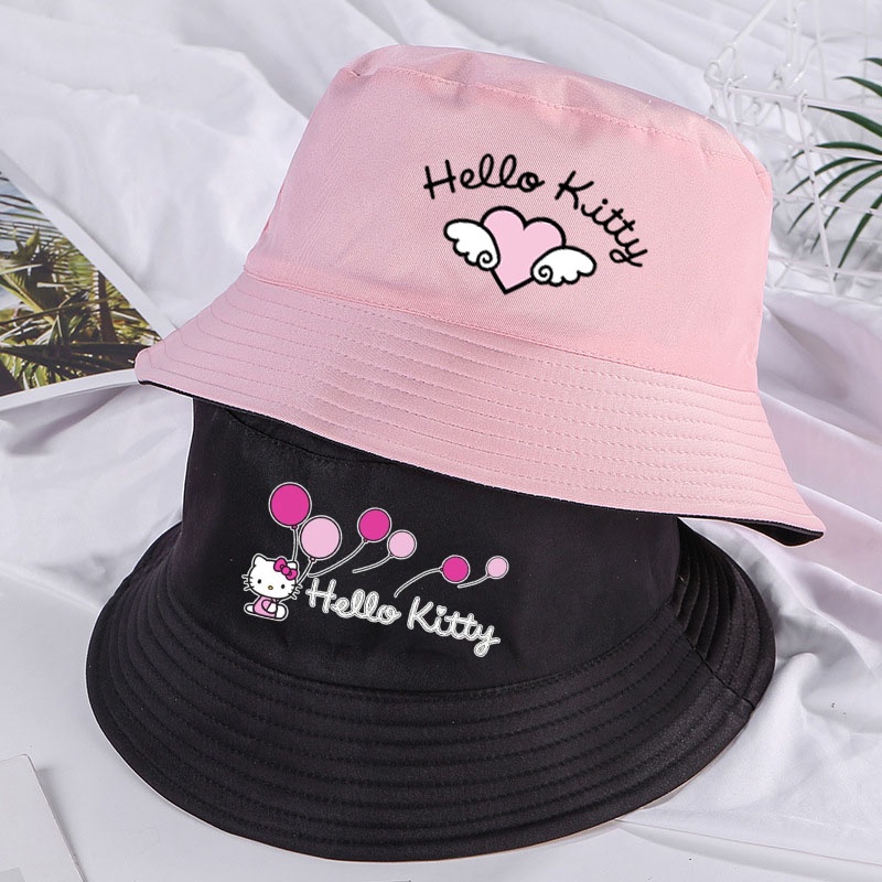時尚太陽帽女士帽子女孩沙灘帽卡通 Hello Kitty 帽子遮陽帽盆帽雙面印花帽子