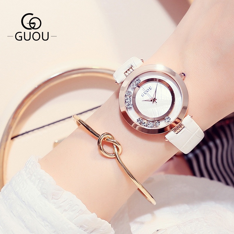 古歐GUOU手錶女時尚氣質水鑽石英錶盤皮帶潮流簡約真皮女士手錶