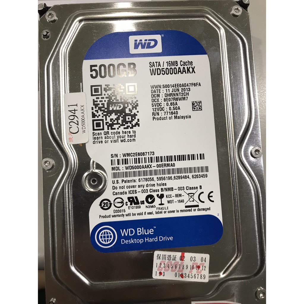 二手 WD 藍標 500GB SATA3 3.5吋 16 MB 快取記憶體 7200 RPM 桌上型硬碟