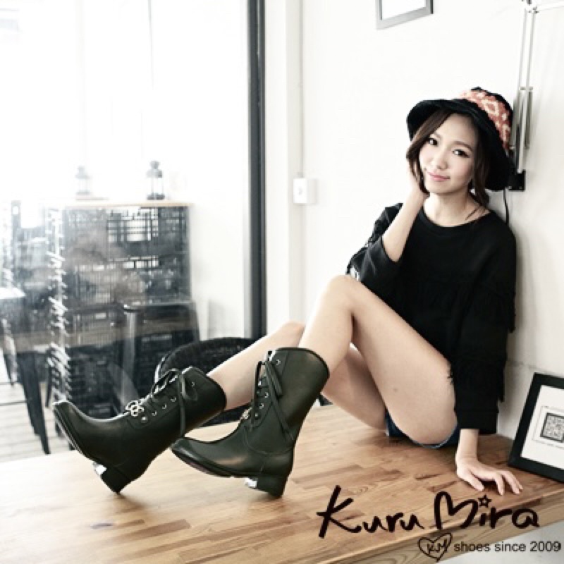 Kuru Mira X Hello Kitty聯名款 英倫風綁帶中筒 雨靴 跟靴 黑 36 原價2280 特惠1000