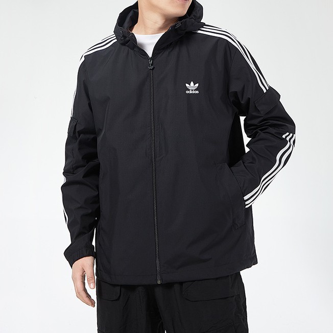 Adidas 愛迪達 三葉草 男款 上衣 外套 連帽經典款夾克風衣黑白 GN3475
