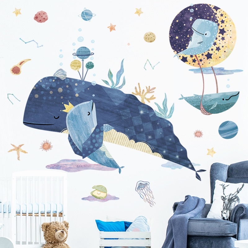 《很便宜》現貨 卡通 鯨魚 壁貼 牆貼 氣球月亮 貼花 兒童房 臥室 背景貼 幼兒園裝飾 牆壁裝飾 海洋 民宿佈置 裝飾