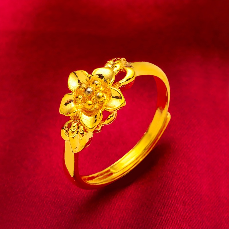 越南沙金戒指、花朵開口戒指女、仿黃金簡約復古女戒、鍍金戒指女生禮物