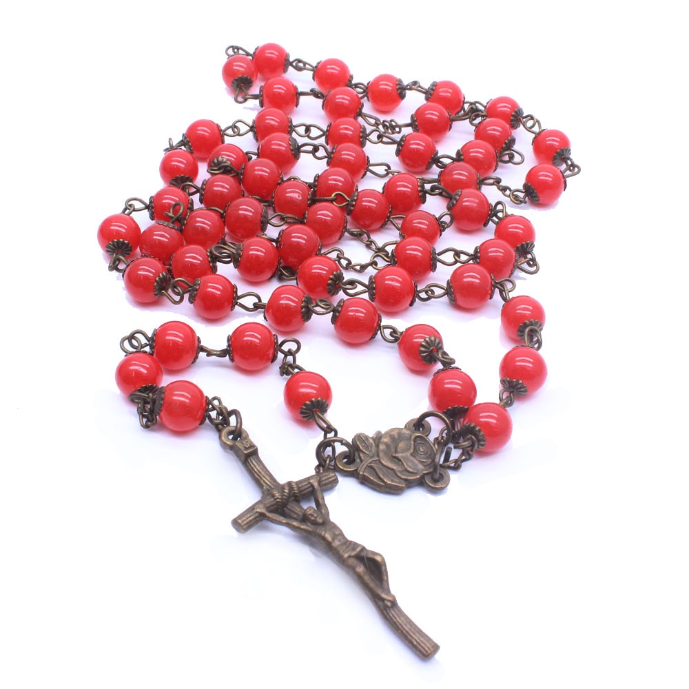 天主教聖物 仿紅石榴 玻璃珠 聖母瑪利亞 玫瑰念珠項鍊 Rosary necklace