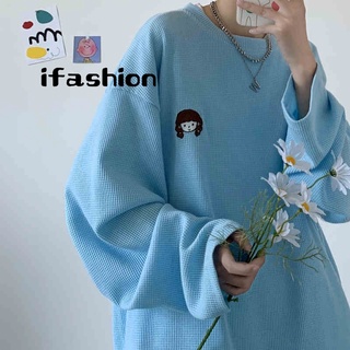 ifashion』華夫格 衛衣女 寬松 韓版 薄款 長袖上衣 學生 慵懶風 外套 情侶裝