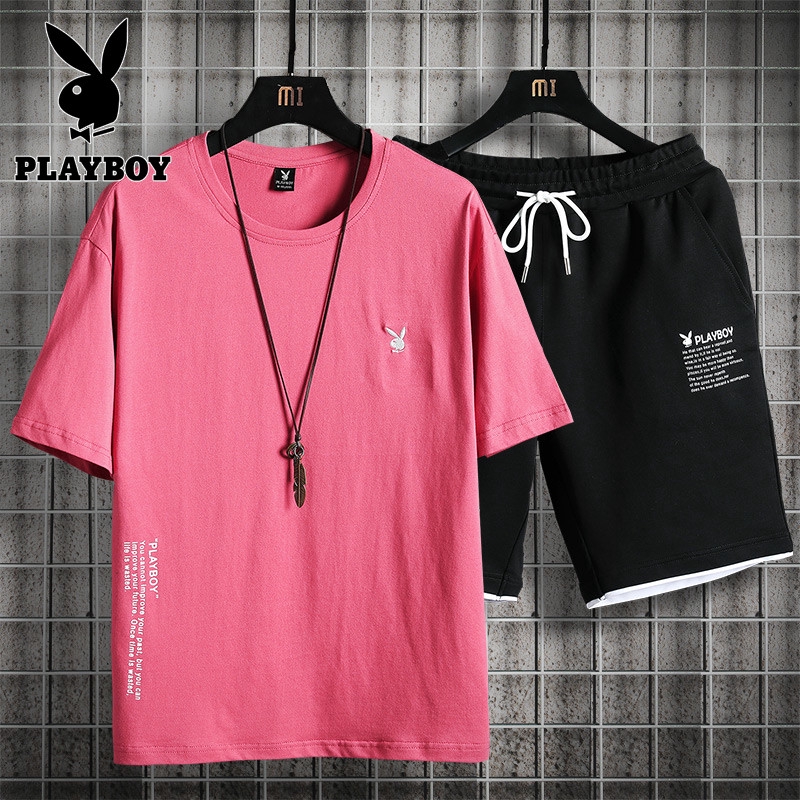 Playboy花花公子休閒運動套裝男士青少年夏季純棉潮流百搭跑步服t恤短褲兩件套 蝦皮購物