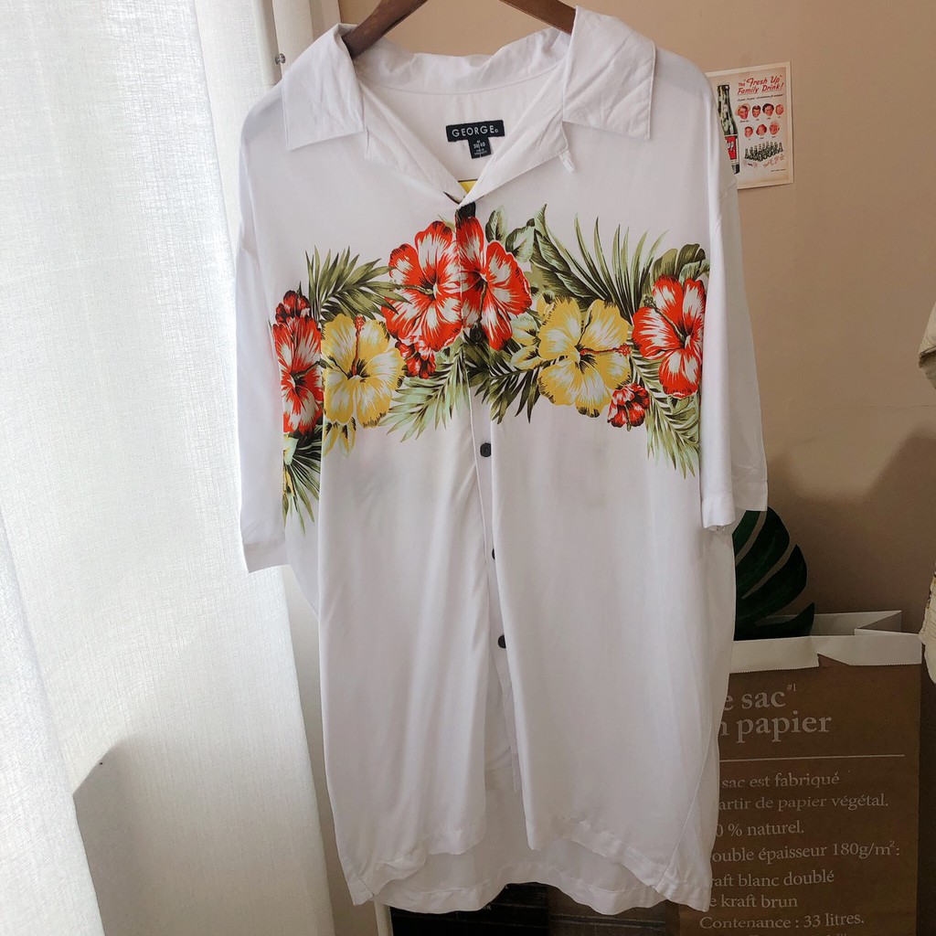 古著 白色 扶桑花感 夏威夷短袖襯衫