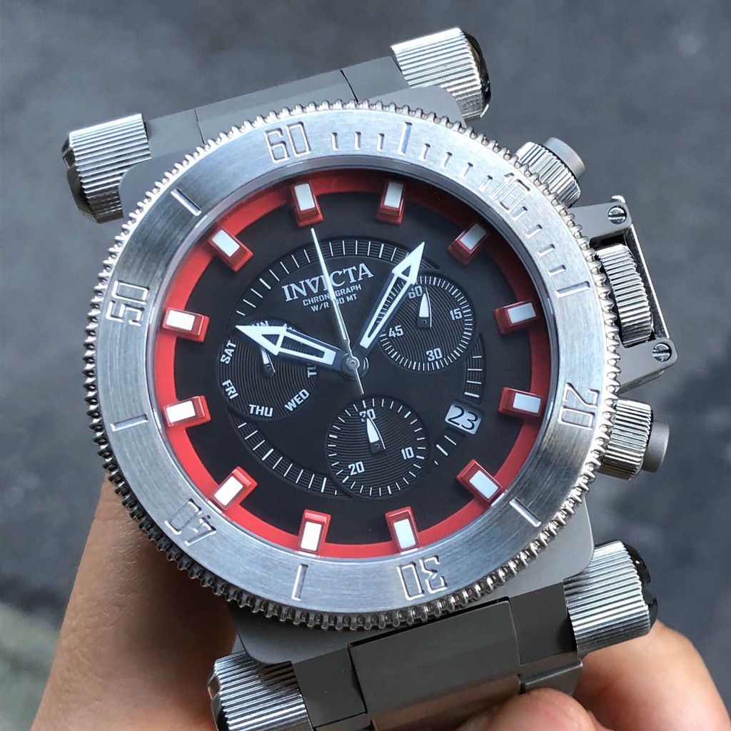全新現貨出清價 INVICTA 26638 手錶 51mm 三眼計時 黑面盤 紅色 日期視窗 鋼錶帶 男錶