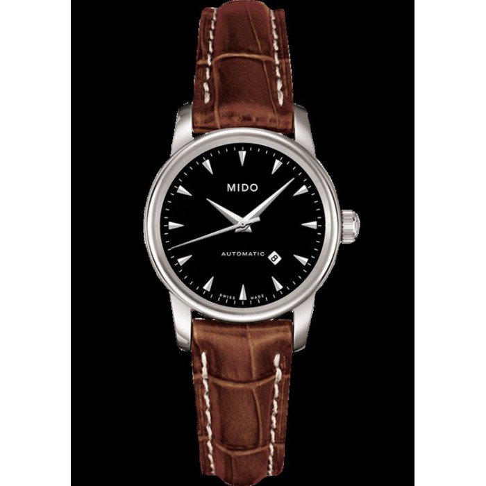 【神梭鐘錶】MIDO 美度不銹鋼殼黑面防刮水晶鏡黑面古樸瑞士自動上鍊女咖啡皮帶腕錶 型號 :M7600.4.18.8