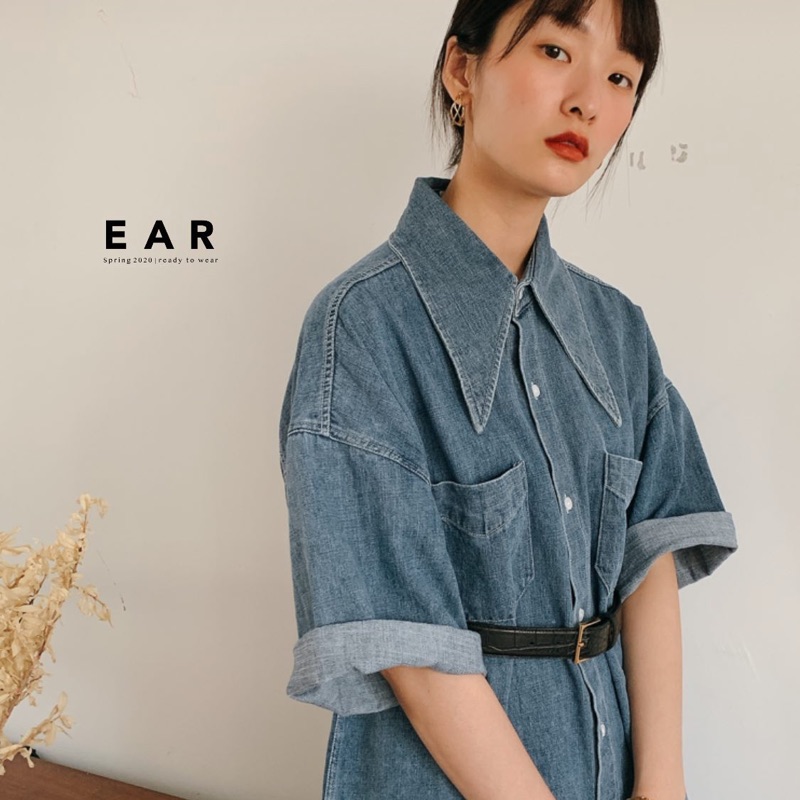 Ear studio 全體陷入夏季牛仔時髦尖領襯衫