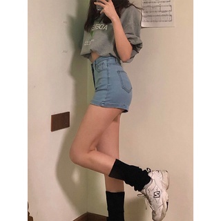 淺色高腰牛仔短褲女修身顯高顯瘦直筒闊腿熱褲褲子