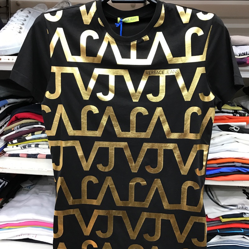 Versace jeans 黑色 燙金 Logo 圖案 圓領T恤 全新正品