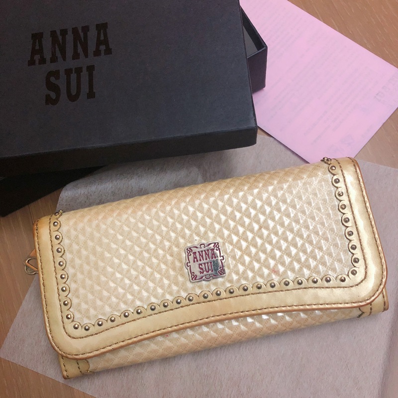 Anna sui 正品格紋銀白色長夾