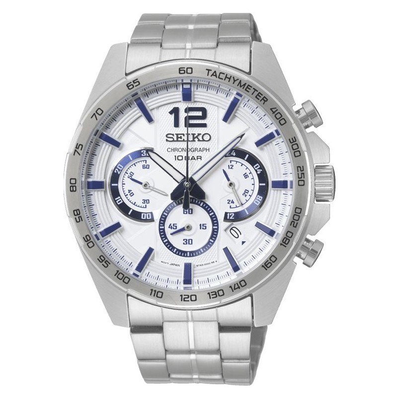 SEIKO精工  三眼計時白面盤 藍色指針鋼錶帶 男錶SSB343P1【Watch On-line Store】