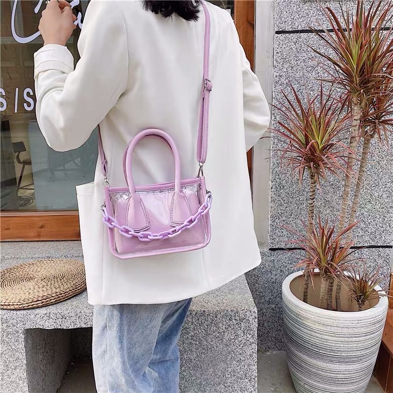 現貨！韓風chic透明包小包斜挎包小清新洋氣果凍包鏈條包手提包女包肩背包斜背包