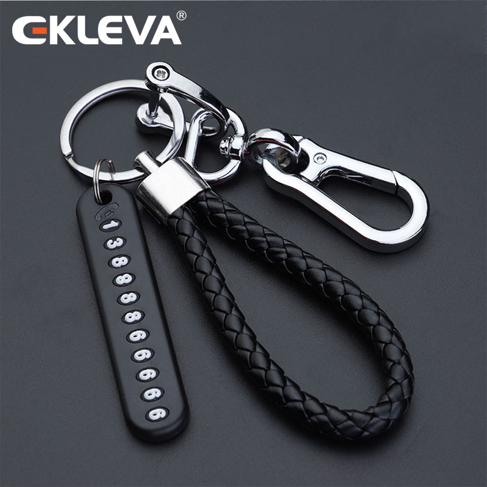 Ekleva 防丟汽車鑰匙扣電話號碼卡鑰匙圈皮革編織繩汽車鑰匙扣支架配件老公