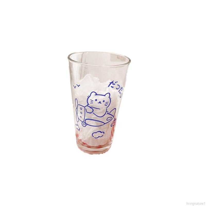 居家水杯 飛行貓咪印花玻璃杯 牛奶杯 早餐杯 玻璃杯 馬克杯 果汁杯 水杯 杯子 拿鐵杯 冰咖啡杯 飲品杯