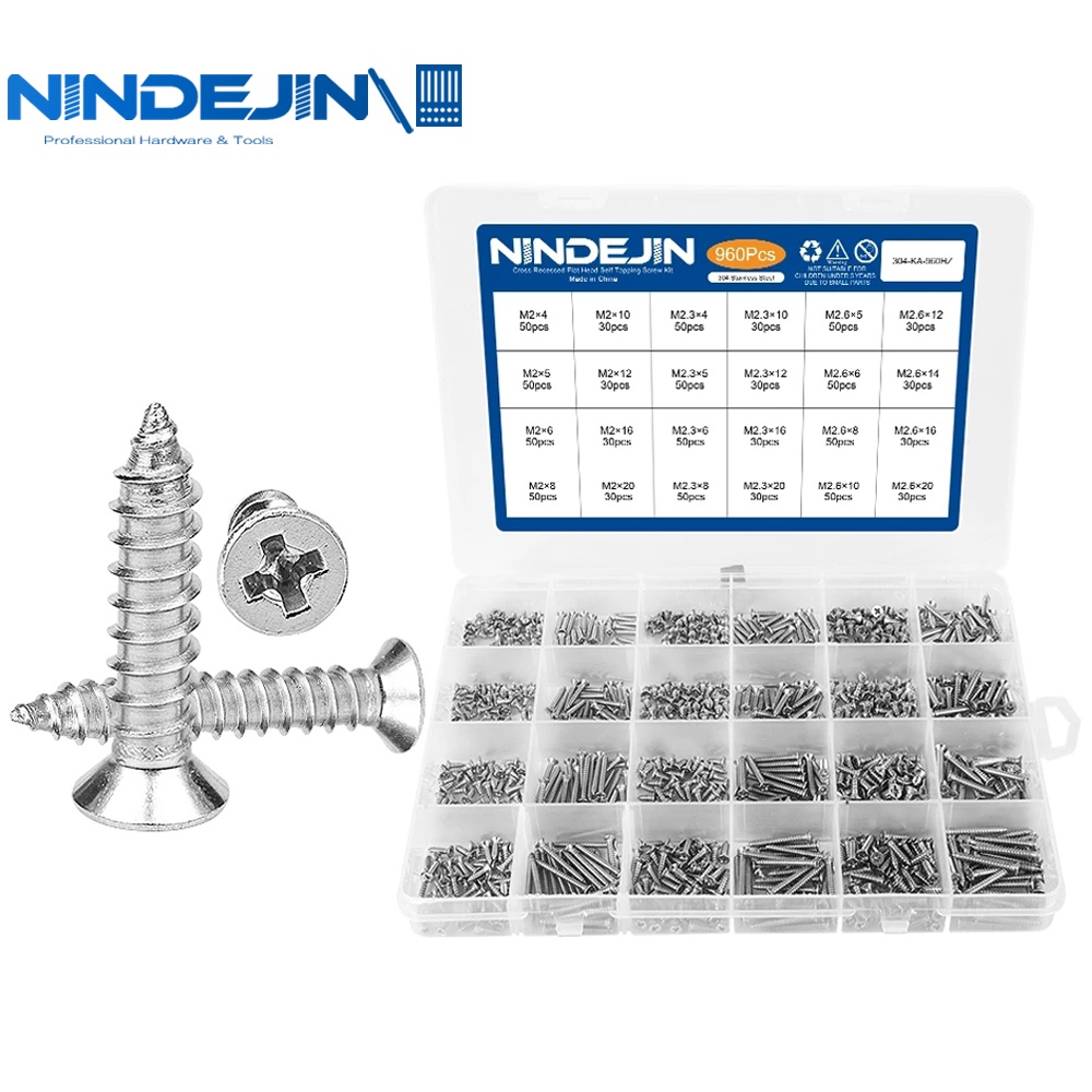 NINDEJIN 960個 304不鏽鋼十字平頭圓頭自攻螺絲 KA沉頭自攻螺釘螺栓 多規格盒裝小螺絲M2/M2.3/M2