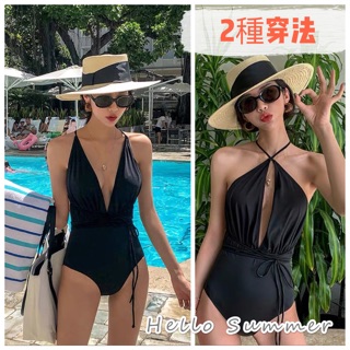 Hello Summer現貨快速出貨❤️性感大深V綁帶露背連身泳衣網紅比基尼復古連體2115 21101