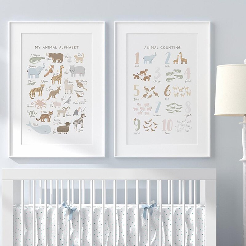 動物字母和數字帆布版畫兒童房裝飾牆藝術 ABC 海報教育藝術兒童房裝飾海報