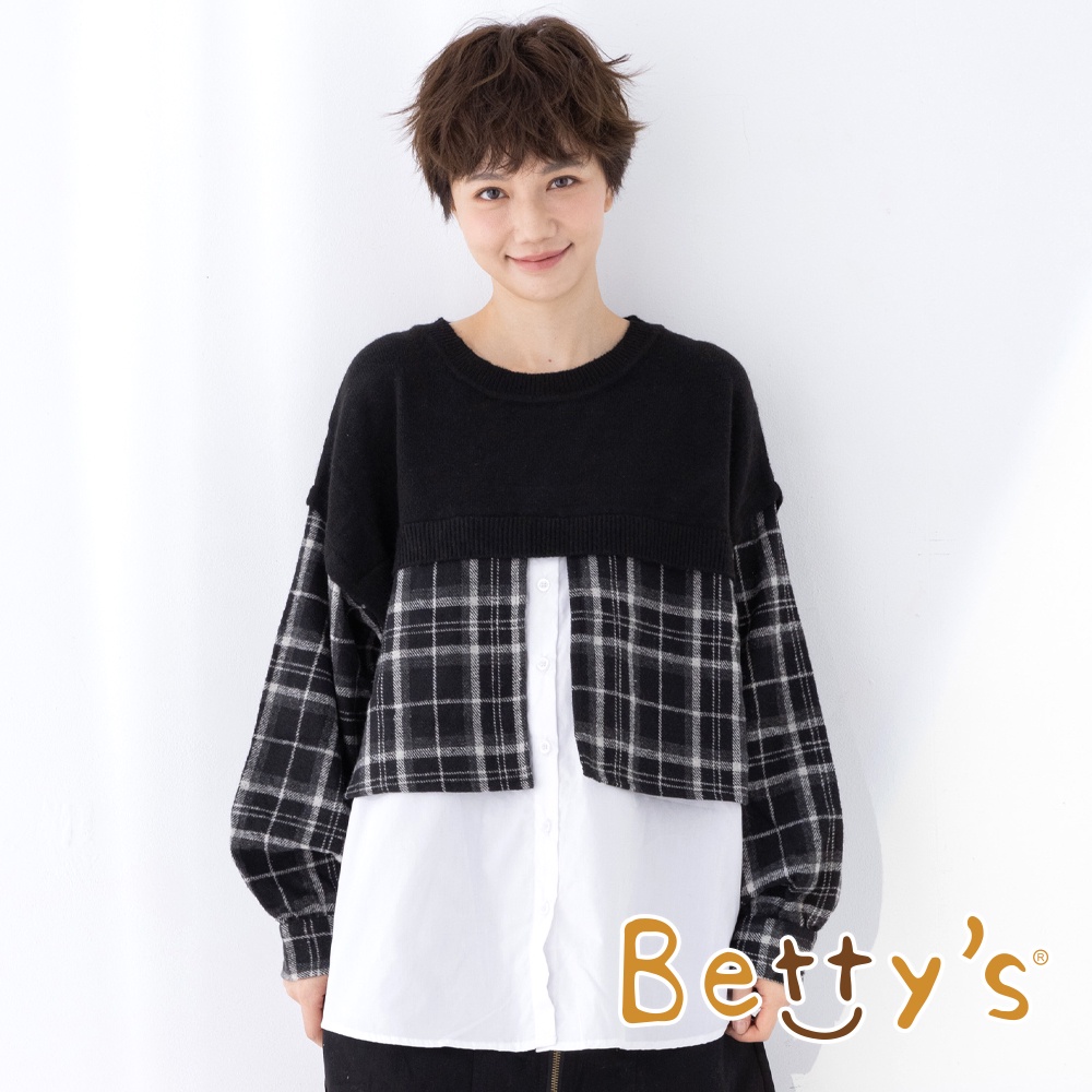 betty’s貝蒂思(15)格子織紋拼接針織毛衣(黑色)