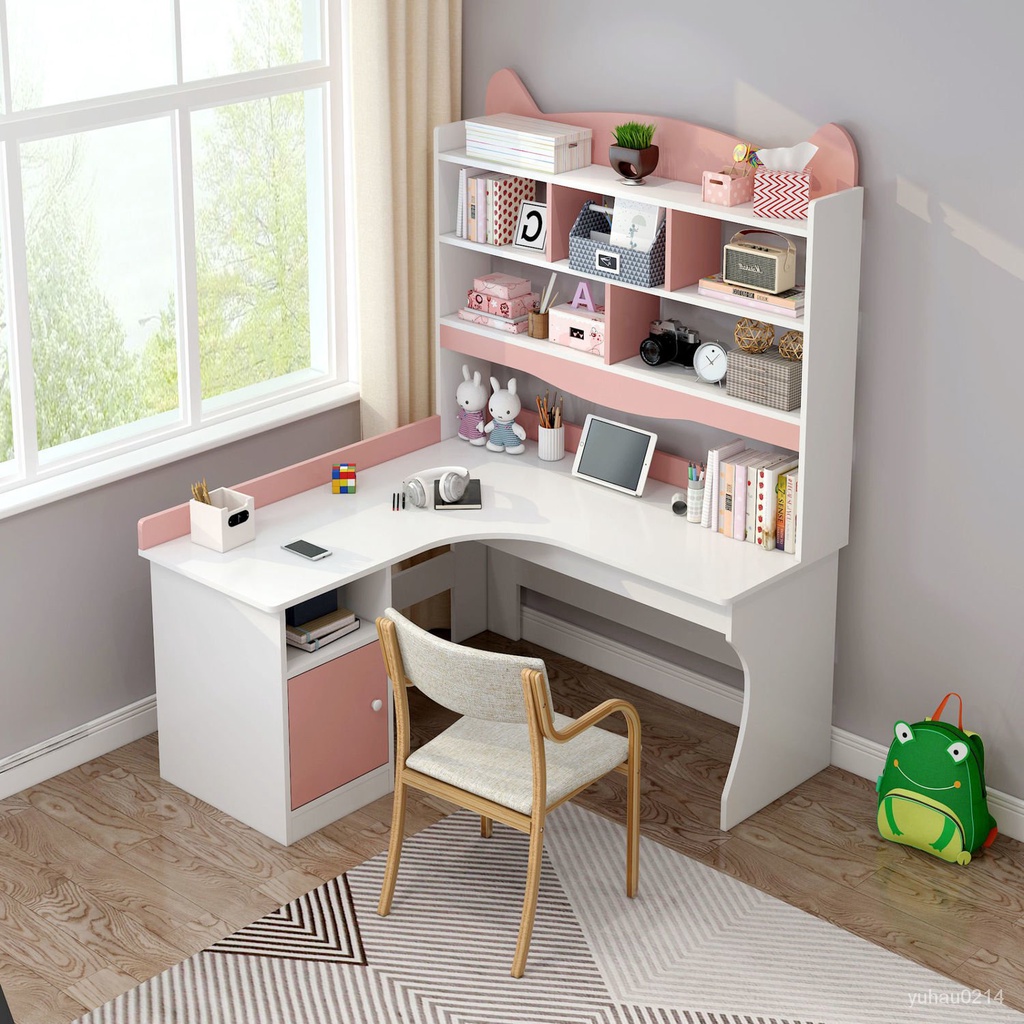 【現貨熱銷】免稅臥室現代簡約學生女孩粉色兒童房書桌書櫃組閤一體轉角書架寫字桌 3K51