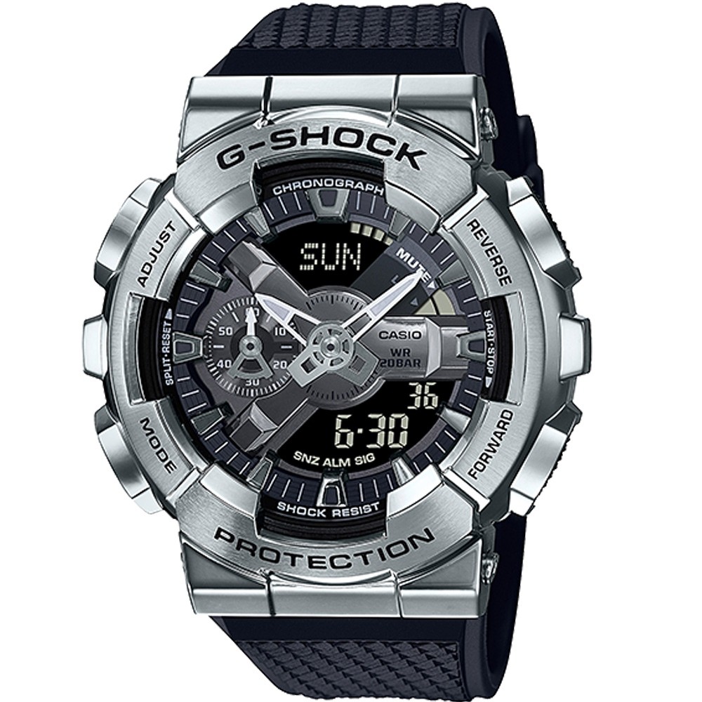 【G-SHOCK】黑x銀 金屬重工業風雙顯腕錶 GM-110-1A  現代鐘錶