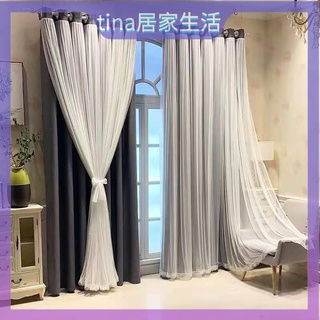 遮光窗簾 高遮光新款雙層公主風女孩臥室客廳蕾絲灰色成品窗簾布紗一體 蕾絲 雙層飄窗 窗簾布 掛鈎窗簾 遮光簾 落地窗簾