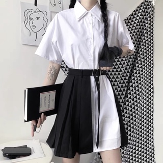 現貨+預購*個性設計感少女小眾短袖大擺連身裙/雙領長款襯衫/黑色短款背心/開衩半裙 寬鬆版型 日系 文藝 學院風 兩件套