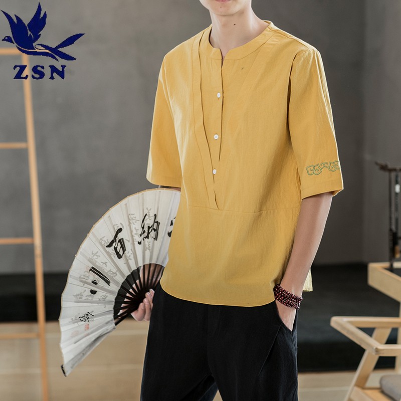 【M-5XL】刺繡棉麻短袖T恤 夏季 中國風休閒五分袖T恤 日系復古V領短袖上衣 原宿風寬鬆素面亞麻襯衫 男生短袖