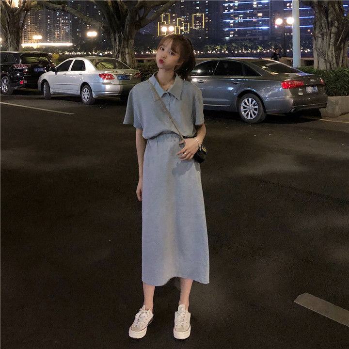 小隻女兩件套裝純色短袖polo衫寬鬆t恤素t 翻領短袖上衣高腰半身長裙中長裙素色簡約過膝裙學生休閑套裝裙子