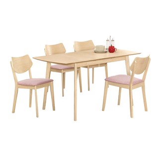 Boden-羅夫5尺北歐風拉合/伸縮功能餐桌椅組合(一桌四椅)(粉色布餐椅)