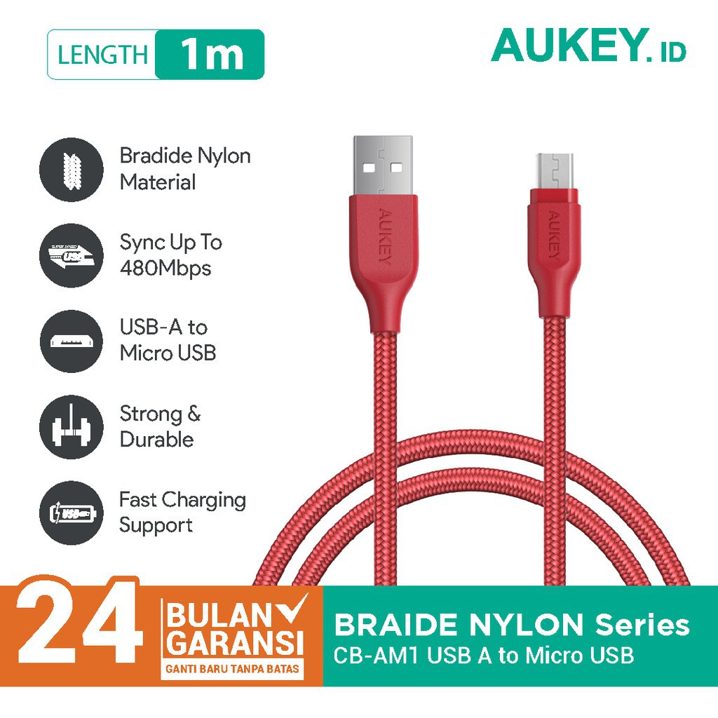 1m Micro Aukey CB-AM1 高性能編織紅色充電電纜 500273