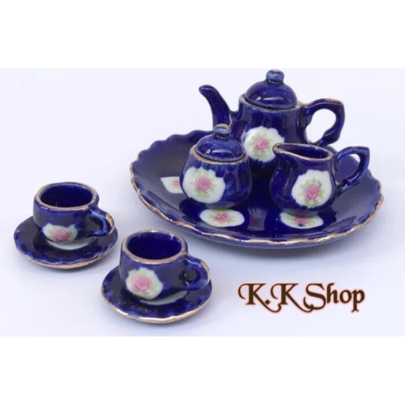 預購-K.K SHOP 1:12迷你模型配件 迷你家具模型食玩瓷器 藍色英式陶瓷茶具套裝