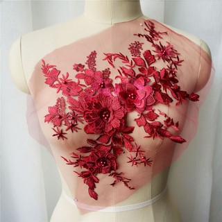 酒紅色刺繡水鑽珍珠蕾絲貼花花領補丁婚紗新娘禮服 DIY