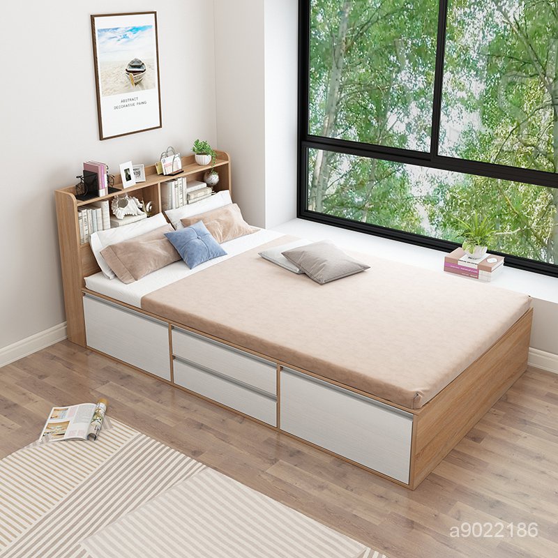 【訂製】定製高箱儲物床1.2米單人床1.5米書架床簡約實木收納雙人榻榻米床