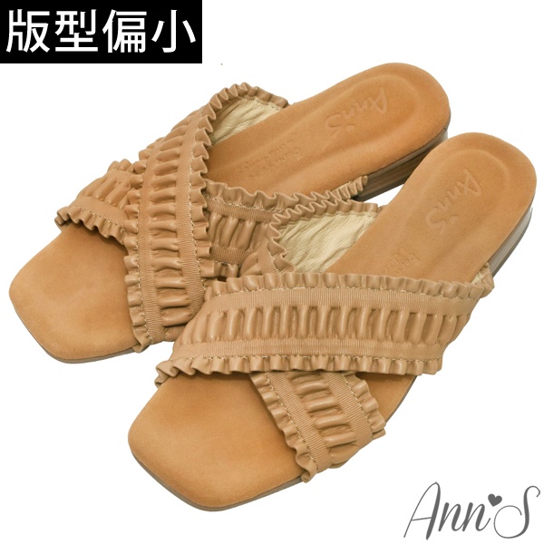 Ann’S水洗牛皮-交叉小波浪木紋跟方頭涼拖鞋-咖(版型偏小)