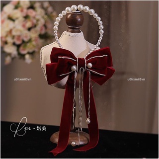 優惠價敬酒服蝴蝶結頭飾簡單大氣酒紅色新娘復古結婚紗禮服簡約髮飾u0hxmii3vn