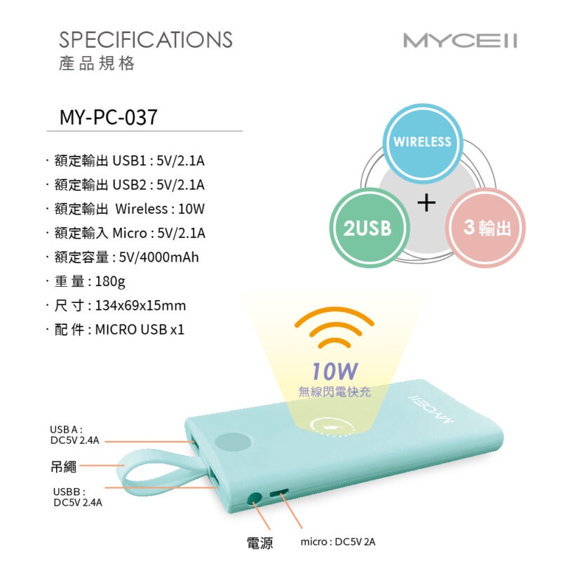 MYCELL  Air7000M 磁吸無線閃充行動電源 三輸出 10W閃充 強力磁吸 台灣製造