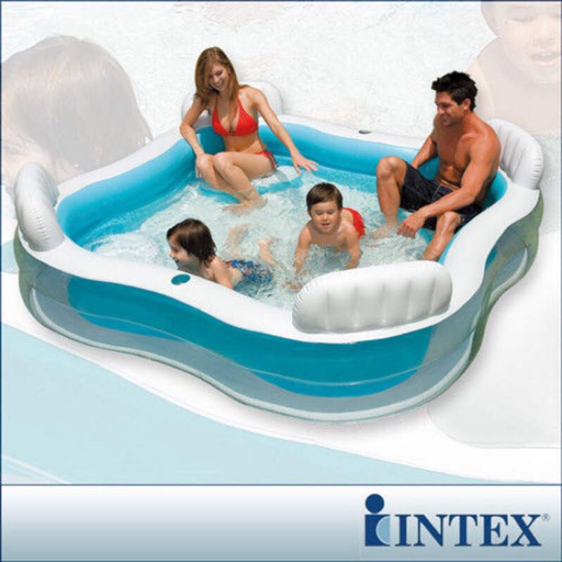 【INTEX】方型有靠墊透明充氣四位靠背 戲水游泳池229*229cm(882L) (56475)